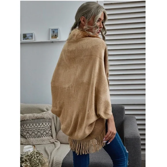 Open Poncho Style Cocoon Cardigan Sweater in Khaki Fringe Detailed - Picture 2 of 6
